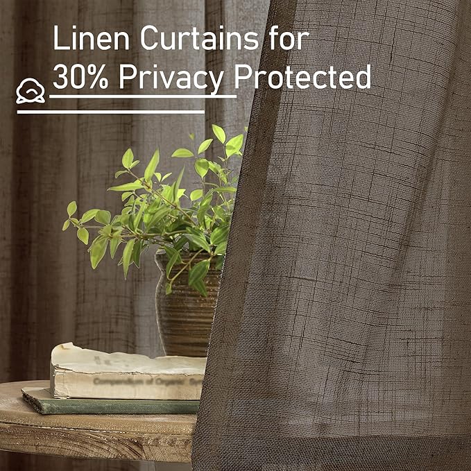LAMIT 36 Inch Length Linen Curtains for Small Windows, Semi Sheer Light Filtering Panels Back Tab and Rod Pocket Neutral Drapes for Basement/Window/Loft Room, Dark Brown, 2 Panels, 34 x 36 Inch
