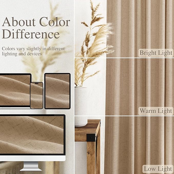 Nanspring Sand Beige Curtains 96 Inches Long for Living Room Flax Linen Light Filtering Luxury Simple Modern Semi Curtains Back Tab Privacy Semi Sheer Curtain for Bedroom Office 52x96, 2 Panels