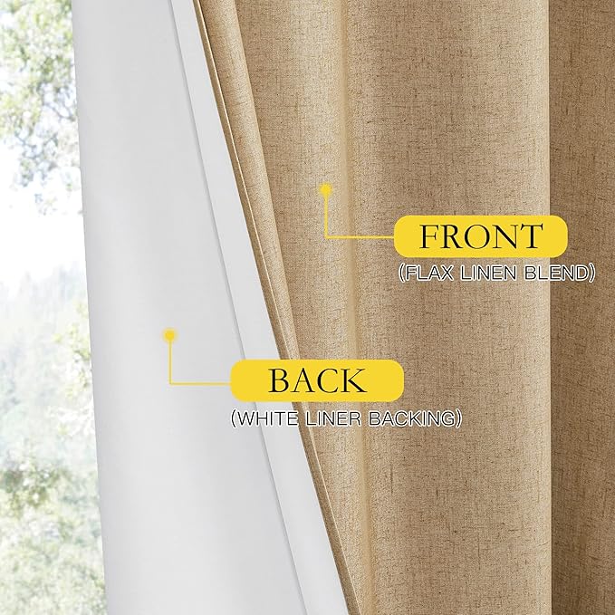 NICETOWN 100% Absolutely Blackout Linen Curtains with Thermal Insulated White Liner, Camel, 34" Wide by 60" Long, 2 Pieces, Linen Blend Window Drapes Privacy Window Treatments for Bedroom/Kids Room