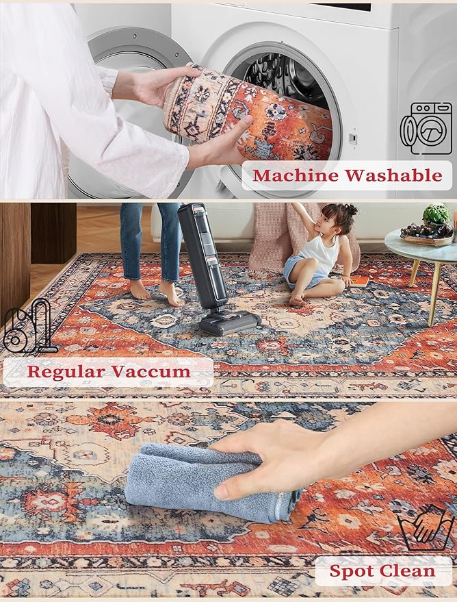 SERISSA Runner Rug for Hallways, 2'6"x16' Washable Non Slip Kitchen Runner Rug, Extra Long Boho Rug Ultra Soft Vintage Tribal Print Floor Carpet for Bedroom Hallway Entryway Bathroom Laundry Room