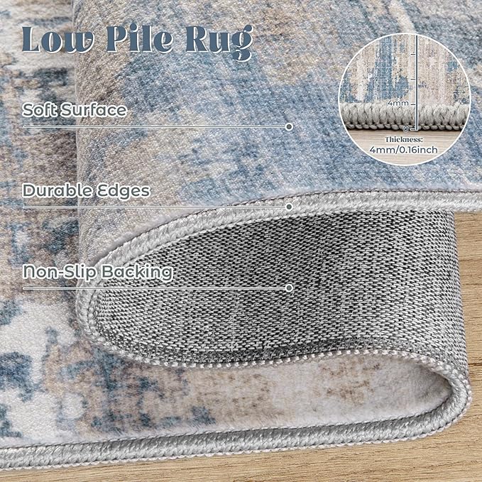 6x9 Area Rugs for Living Room, Washable Modern Abstract Large Area Rug Neutral Soft Non Slip Kids Rug Stain Resistant Indoor Carpet for Bedroom Nursery Dining Room Playroom(BlueBeige, 6'x9')