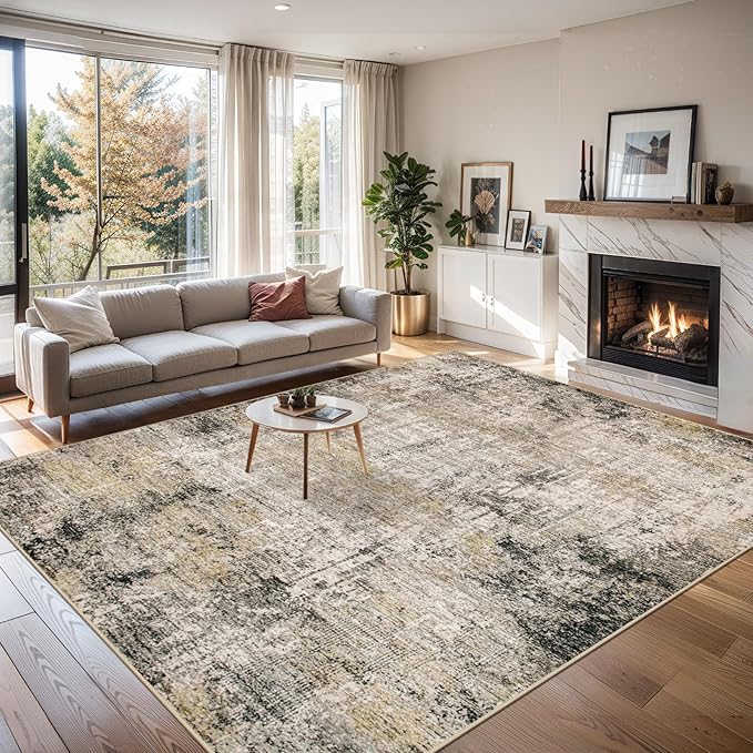 Area Rugs Living Room Rug - 4x6 Washable Modern Abstract Soft Neutral Non-Slip Carpet Large Indoor Floor Thin Carpets for Bedroom Dining Room Farmhouse Nursery Home Office Brown Black Grey