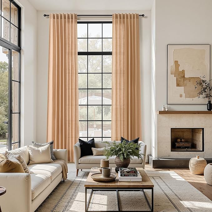 Nanspring Camel Linen Curtains for Living Room Extra Long 112 Inches Long Back Tab Light Filtering Semi Sheer Curtain Vintage Rustic Decor Floor to Ceiling High Window for Bedroom 52x112, 2 Panels
