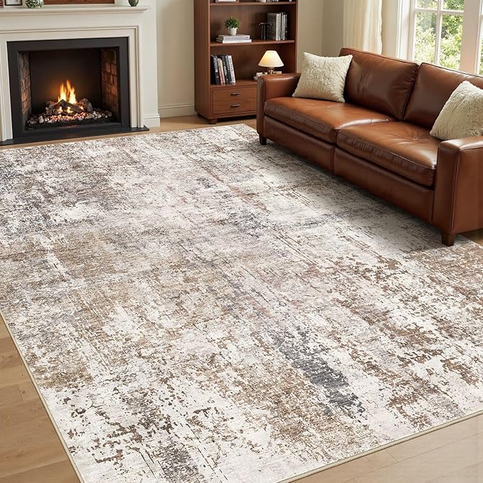 UERMEI Area Rug Living Room Rugs - Washable Neutral Modern Abstract Soft Thin Rug Indoor Floor No Slip Rug Carpet for Bedroom Under Dining Table Home Office Decor - Brown/Grey/Red - 5x7