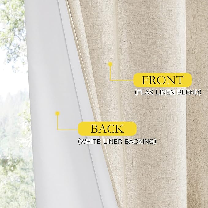 NICETOWN 100% Absolutely Blackout Linen Curtains with Thermal Insulated White Liner, Beige, W62, 2 Pieces, Noise Reducing Textured Linen Look Curtains for Windows 102 inch Length for Classroom