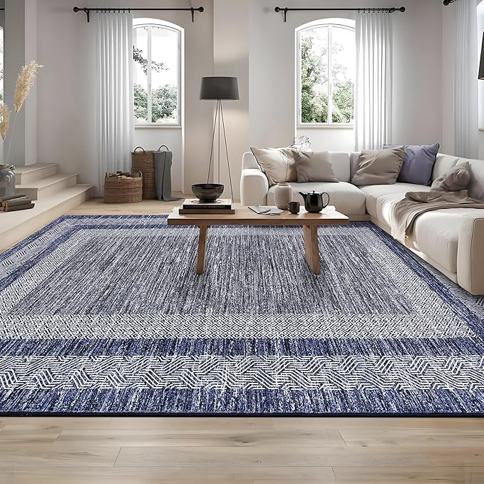 GarveeHome 9x12 Large Modern Navy Blue Area Rug Distressed Bordered Soft Non Shedding Floor Carpet, Geometric Washable Non Slip Low Pile Indoor Area Rug for Living Room, Bedroom