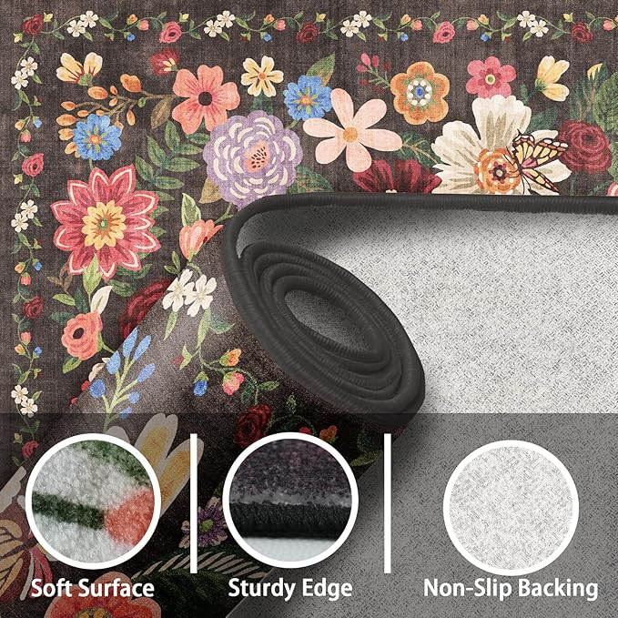 Floral Hallway Runner Black/Brown Carpet Non-Slip, 2x10 Washable Rug Ultra-Thin Soft for Hallways, Kitchen Mat Stain Resistant for Entryway Bathroom (2 x 10, Black/Brown)