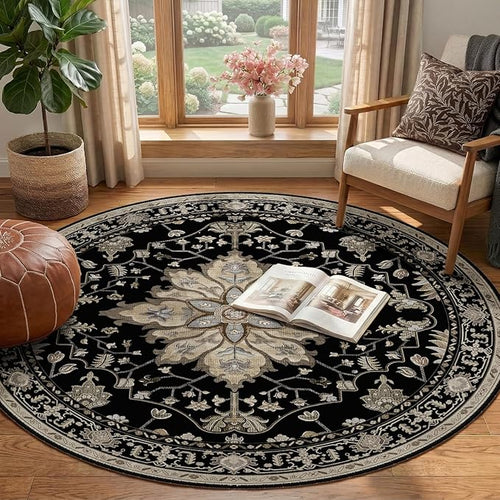 Area Rugs 4ft Washable Non-Slip, Floral Vintage Distress Print Pattern Medallion Carpet for Living Room Bedroom Dining Room, Black Brown Neutral Dark Tan