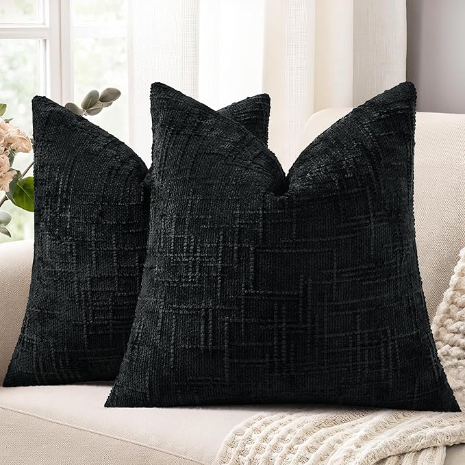 decorUhome Black Chenille Throw Pillow Covers 18x18 Set of 2 Textured Soft Cozy Slubby Couch Pillow Covers Modern Farmhouse Boho Decorative Pillow Cases for Bed Sofa Living Room