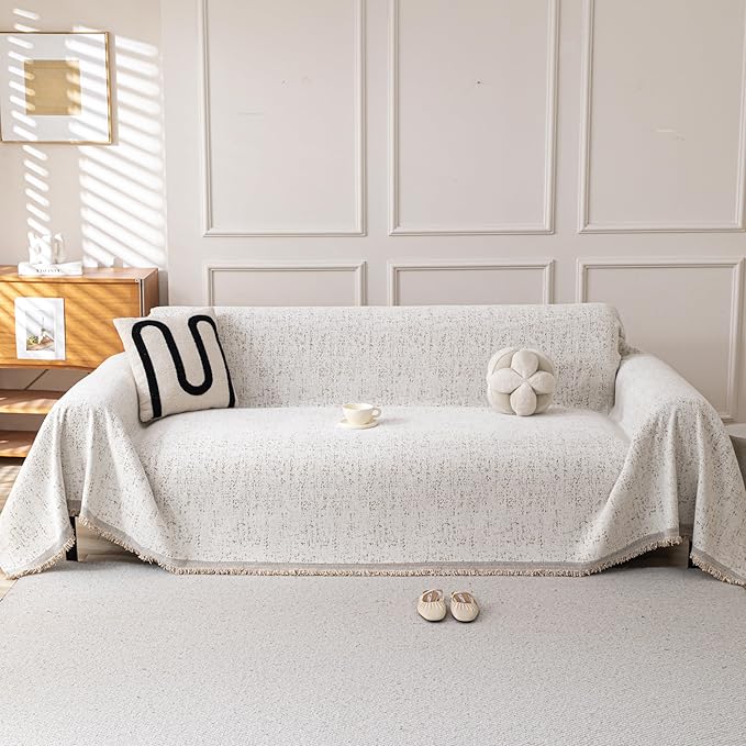Couch Cover for Dogs, Boho Sofa Covers for 3 Cushion Couch, Chenille Slipcover for Pets Washable, L-Shape Sectional Couch Loveseat Cover Soft Throw Blankets with Tassels(91x118,Speckled Beige)