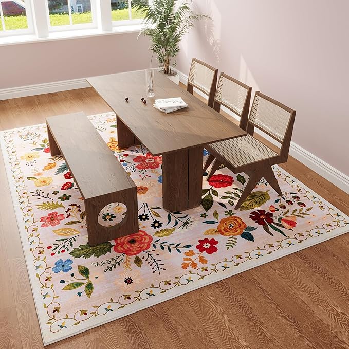 Rugcomf Area Rugs 9x12 Living Room Clearance Washable Boho Rug Non Slip Floral Vintage Low Pile Large Rug for Living Room, Bedroom, Farmhouse, Dining Room, Kids Playroom(Beige)