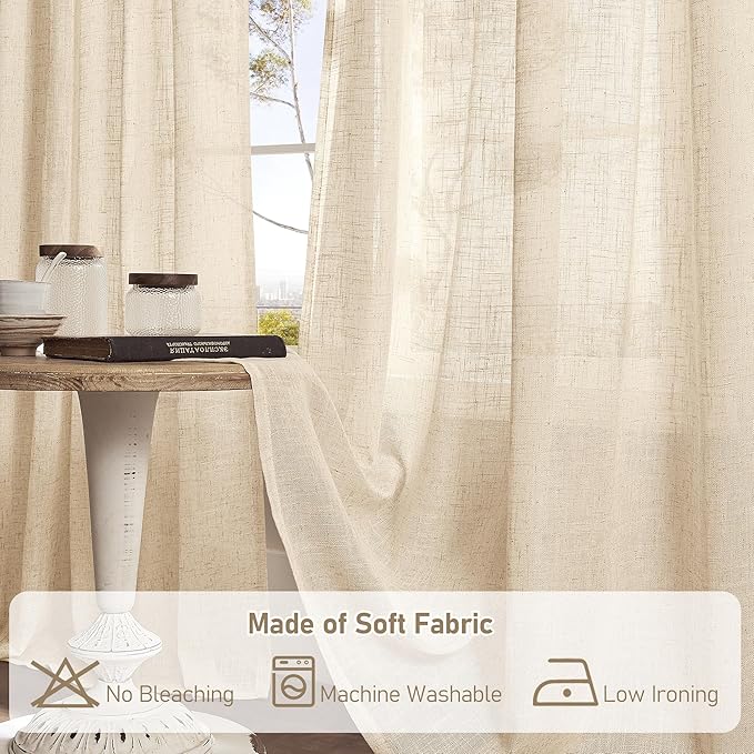 LAMIT Light Filtering Linen Curtains 80 inches Long for Bedroom, Faux Linen Textured Semi Sheer Back Tab and Rod Pocket Burlap Boho Modern Drapes for Living Room/Farmhouse, 2 Panels, 52 x 80 Inch