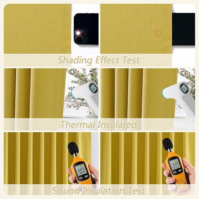 Guken 100% Blackout Curtains 108 Inch Length 2 Panels Set for Living Room Bedroom Back Tab Thermal Insulated Black Out Linen Drapes Room Darkening Celery Yellow,52x108