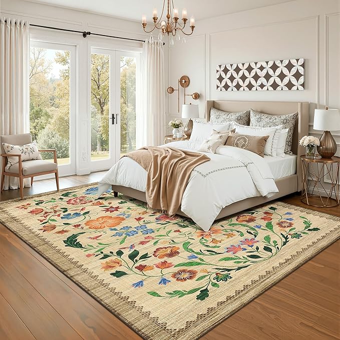 GarveeHome Washable Rug 3x5 Area Rugs for Living Room, Floral Rug for Bedroom, Soft Boho Non Slip Throw Rugs with Rubber Back, Low Pile Stain Resistant Vintage Floral Carpet for Dining Room, Beige