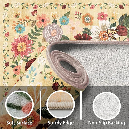 Area Rugs 9x12 Living Room Washable Rug Non Slip Floral Low Pile Large Rug for Living Room, Bedroom, Farmhouse, Dining Room, Kids Playroom(Yellow Garden, 9 x 12)