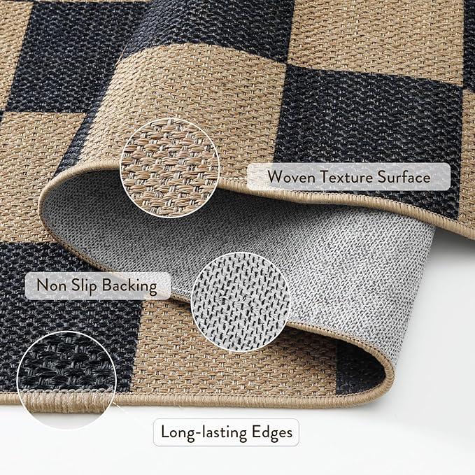 Lahome Colette Checkered Round Rugs 6ft, Outdoor Patio Easy Jute Rug Indoor Outdoor Circle Carpet, Farmhouse Nature Non Shedding Non Slip Washable Black Carpet for Living Room Entry Deck