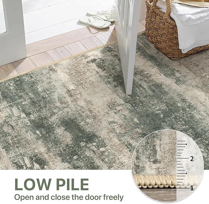 Runner Rug for Hallway Kitchen, 2'6"x12' Machine Washable Runners Rug for Entryway, Soft Modern Abstract Throw Rugs, Low Pile Floor Cover with Non Slip Backing, Grey/Dark Green