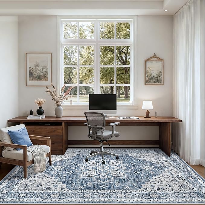 Area Rugs 10x14 Living Room Rug: Washable Rug Soft Vintage Boho Medallion Carpet Indoor Floor Non-Slip Stain Resistant Large Carpets for Bedroom Dining Room Farmhouse Nursery Home Office Blue