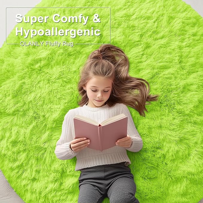 OLANLY Lime Green Round Rugs for Bedroom - Machine Washable, 4 ft Circle Area Rugs for Living Room, Soft and Fluffy Shaggy Carpet for Teen Girl and Boys, Nursery Rooms, Dorms, Home Decor Aesthetic
