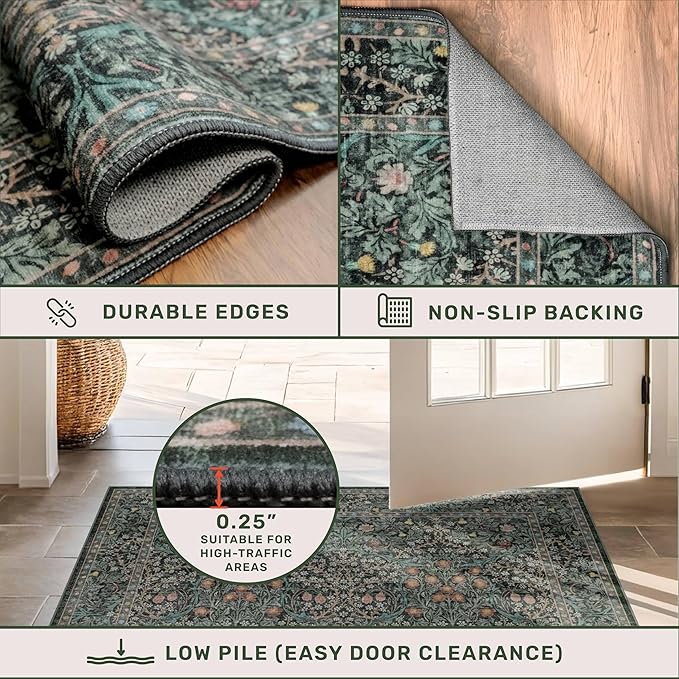 Vintage 3x8 Wide Runners for Hallways, Long 8ft Floor Runner for Kitchen, Entryway Indoor, Washable Non Skid Rubber Backing Stain Resistant - Dark Green Floral Décor