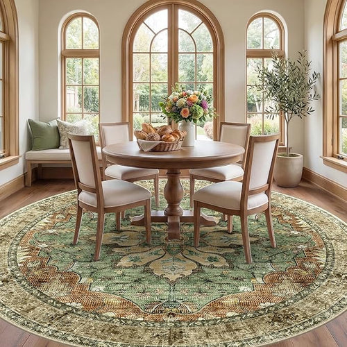 Area Rugs 8ft Washable Non-Slip, Floral Vintage Distress Print Pattern Medallion Carpet for Living Room Bedroom Dining Room, Brick Red Rust Neutral Brown Burnt Orange