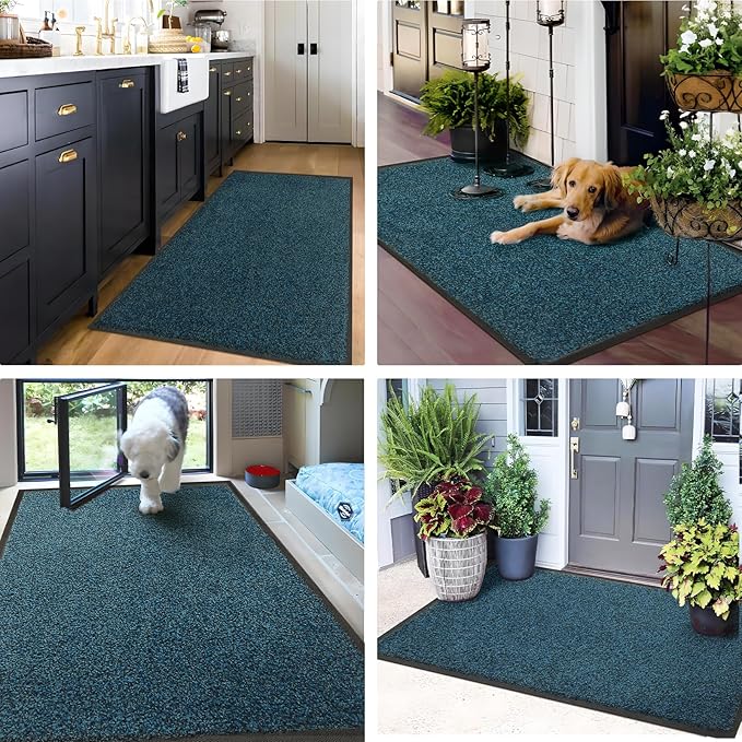 Mibao Front Door Mat, Dirt Trapper Welcome Mat for Outdoor Indoor, Non-Slip Waterproof Doormat, Durable Machine Washable Low Profile Entry Rug for Back Door Outside Patio Porch, 60" x 36", Blue