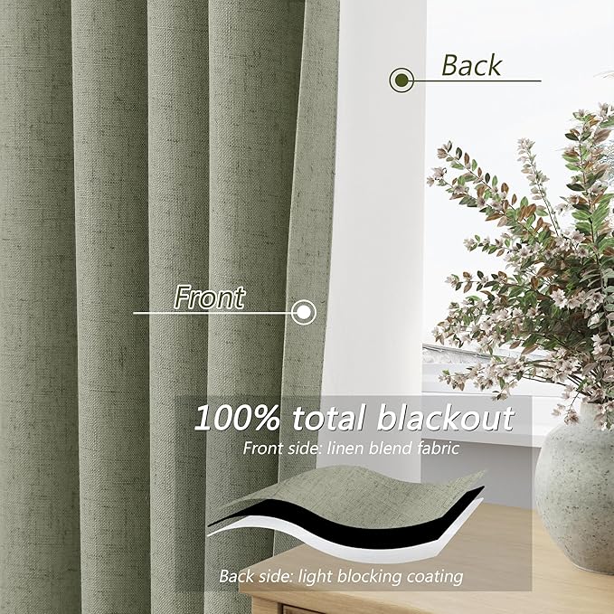 Sage Green 100% Blackout Curtains 96 Inch Length 2 Panels Set for Living Room Bedroom Back Tab Thermal Insulated Black Out Linen Drapes Room Darkening Window Curtains 96 Inches Long