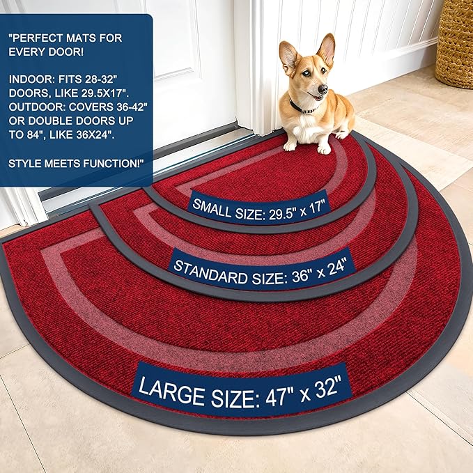 OLANLY Half Circle Door Mat Indoor Outdoor Entrance Welcome, Waterproof All-Season, All-Weather Doormat, Sturdy Natural Rubber, Low Profile, Easy Clean Patio Porch Entryway Mat, 59x23, Wine Red