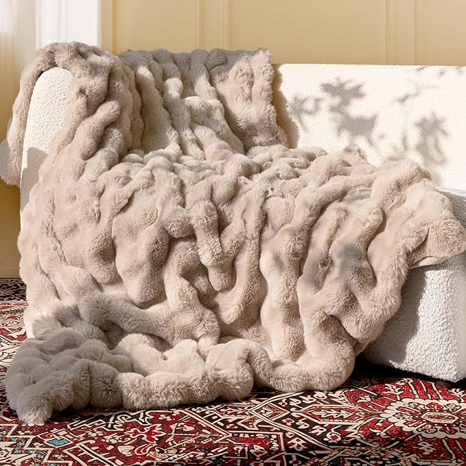 Ultra Soft Cozy Faux Fur Throw Blanket, Fuzzy Plush Thick Bubble Blanket, Oversize Luxury Fluffy Blanket for Couch, Sofa, Bedroom, and Living Room, 50x60 Inches, Light Brown