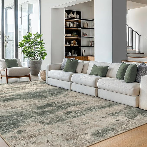Area Rugs 8x10 for Living Room Bedroom, Modern Abstract Machine Washable Rug, Large Soft Low Pile Floor Cover with Non Slip Backing for Dining Room, Grey/Dark Green