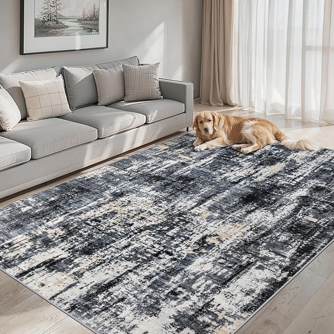 Area Rugs Living Room Rug - 4x6 Washable Modern Abstract Soft Neutral Non-Slip Carpet Large Indoor Floor Thin Carpets for Bedroom Dining Room Farmhouse Nursery Home Office Black Gold