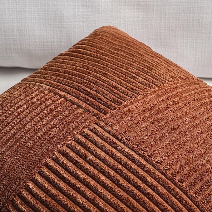 Fancy Homi 2 Packs Rust Lumbar Decorative Throw Pillow Covers 16x28 Inch for Bedroom Couch Bed, Rustic Farmhouse Boho Home Decor, Soft Striped Corduroy Rectangle Accent Terracotta Cushion Case 40x70cm