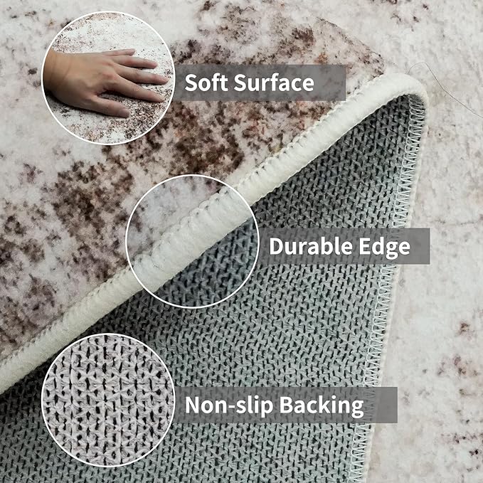 3x12 Washable Hallway Runner Rug: Non Slip Carpet Runners Easy-to-Clean - Soft Living Room Bedroom Kitchen Rugs - Thin Low Pile Printed Floor Mat for Dining Room Neutral Beige Brown