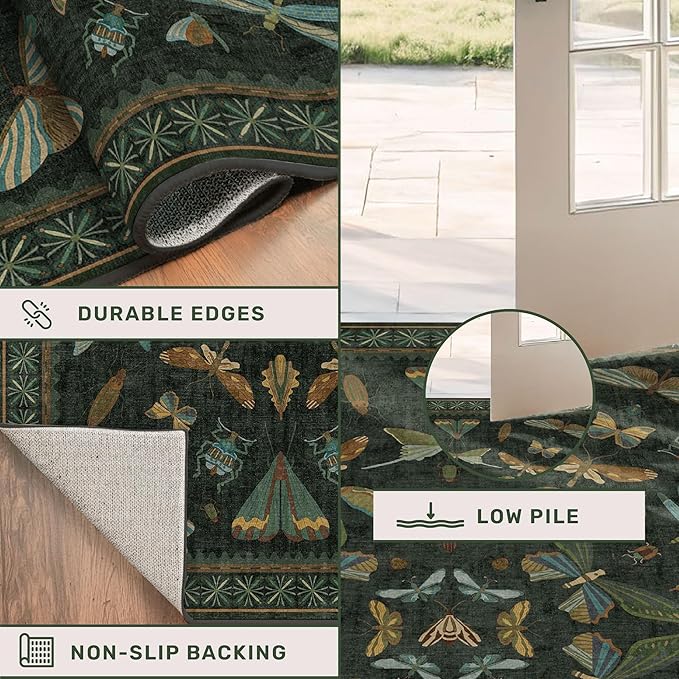 Hazo Haus 7x9 Insect Dark Green Rugs for Living Room, Boho & Forest Design Area Rug for Dining Room Under Table, Bedroom, Unique Washable Floral Non Slip Low Pile Soft Rug
