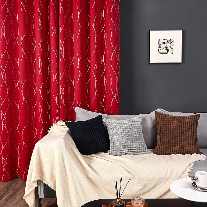 Deconovo Short Blackout Curtains, Christmas Red Curtain, Thermal Insulated Soundproof Drapes, Wave Line Dots Foil Print, 38 x 54 Inch, 2 Panels, Machine‑Washable Window Drape for Kitchen Small Window