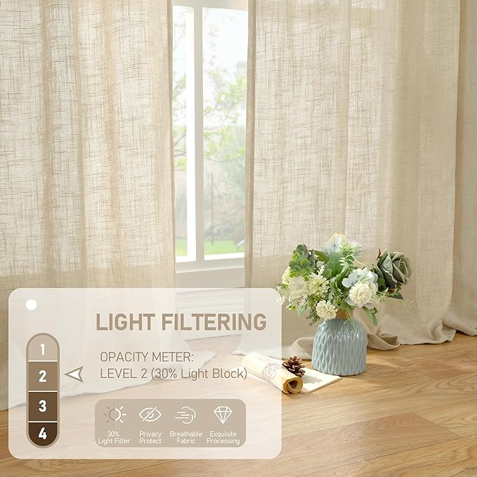 LAMIT Semi Sheer Linen Curtains 48 Inch Length 2 Panels, Light Filtering Panels Back Tab and Rod Pocket Neutral Drapes for Kitchen/Window/Loft Room, 34 x 48 Inch