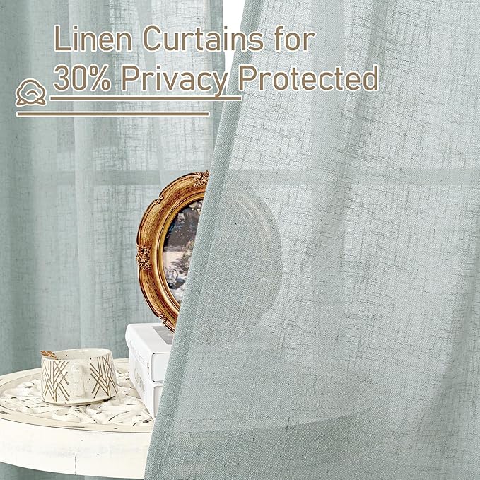 LAMIT Light Filtering Linen Curtains 24 Inch Length 2 Panels, Semi Sheer Window Panels Back Tab and Rod Pocket Neutral Drapes for Bathroom/Kitchen/Loft Room, Greyish Blue, 34 x 24 Inch