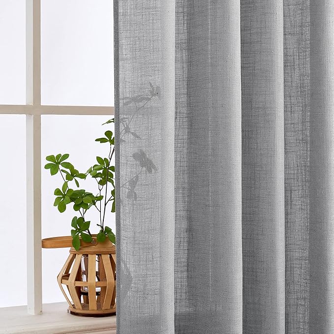 MIULEE Grey Linen Curtains 90 Inch Long for Bedroom Living Room, Soft Thick Linen Textured Window Drapes Gray Semi Sheer Light Filtering Back Tab Rod Pocket Burlap Look Decor, 2 Panels