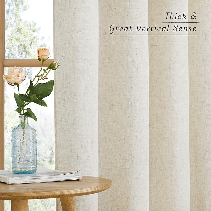 NICETOWN Natural Short Linen Cafe Curtains for Kitchen, Thick Flax Small Window Treatments Semi Sheer Privacy Assured with Light Through for Cafe/Bathroom, W42 x L48, 2 Panels