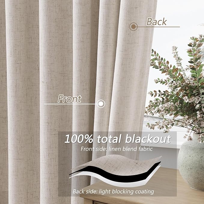 Guken 100% Blackout Curtains 90 Inch Length 2 Panels Set for Living Room Bedroom Back Tab Thermal Insulated Black Out Linen Drapes Room Darkening Window Curtains 90 Inches Long, Sand Beige