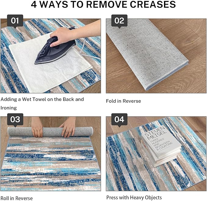 Lansny Modern Abstract Runner Rug 3x12, Blue Washable Long Kitchen Runner Non-Slip Soft Hallway Rug Runner Thin Print Faux Wool Carpet for Entryway Bedroom Laundry Room Indoor Home Decor