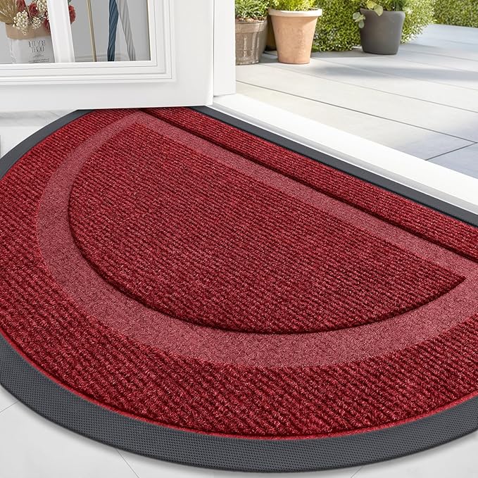 OLANLY Half Circle Door Mat Indoor Outdoor Entrance Welcome, Waterproof All-Season, All-Weather Doormat, Sturdy Natural Rubber, Low Profile, Easy Clean Patio Porch Entryway Mat, 59x23, Wine Red