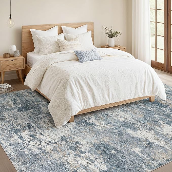 Nakagishi 9x12 Area Rugs Living Room: Washable Abstract Large Neutral Soft Rug Stain Resistant Modern Indoor Floor Non-Slip Carpet for Bedroom Nursery Kids Playroom Office Dining Room Dorm-Blue Brown