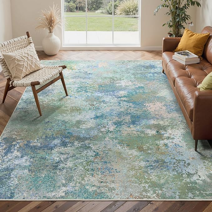 Area Rugs 8x10 for Living Room Bedroom, Modern Abstract Machine Washable Rug, Large Soft Low Pile Floor Carpet with Non Slip Backing for Dining Room, Blue Green