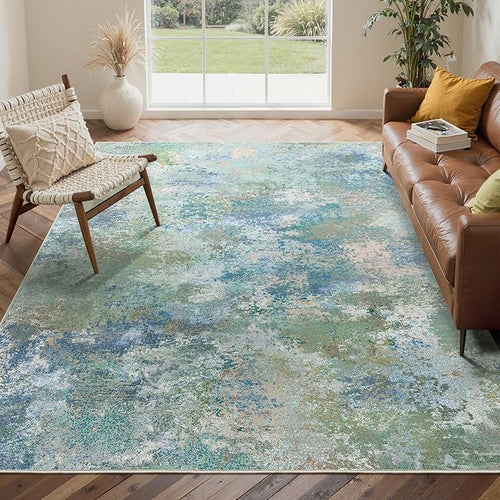 Area Rugs 6x9 for Living Room Bedroom, Modern Abstract Machine Washable Rug, Large Soft Low Pile Floor Carpet with Non Slip Backing for Dining Room, Blue Green