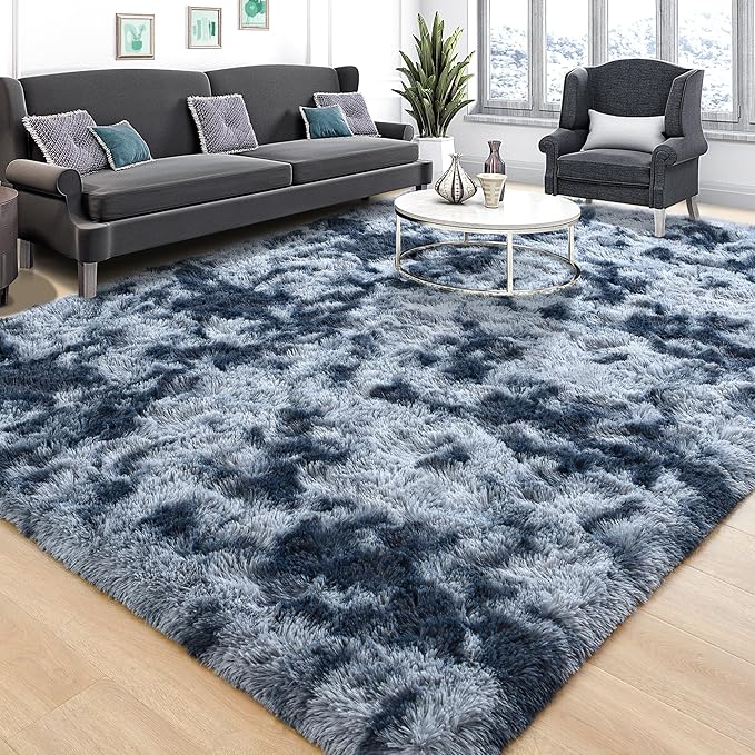 Tepook Fluffy Large Rugs for Living Room, Area Rug 6x9 Soft Carpet for Bedroom, Modern Shaggy Rug for Kids Boys Girls, Plush Indoor Nursery Home Decor Rug with Non-Slip Bottom, Tie-dye Dark Blue