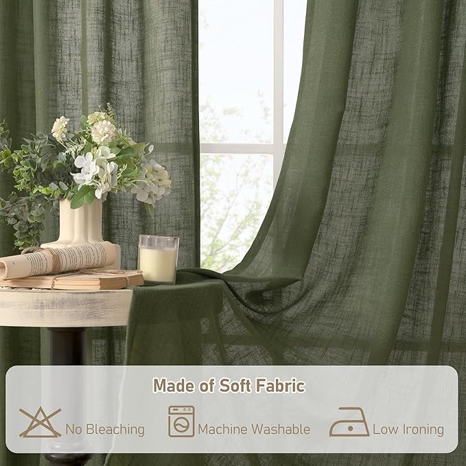 LAMIT Christmas Short Linen Curtains 36 Inch Length 2 Panels, Olive Green Light Filtering Panels Back Tab and Rod Pocket Neutral Cafe Drapes for Bathroom/Small Windows, 34 x 36 Inch