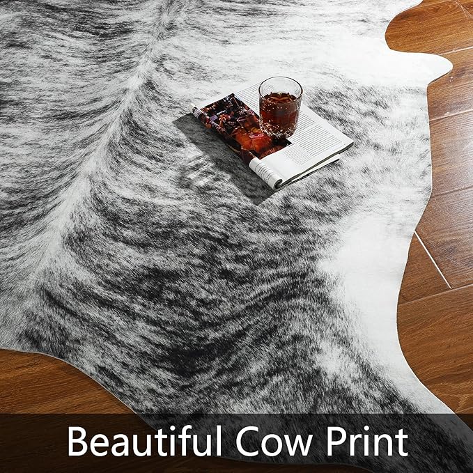 AROGAN Western Decor Faux Fur Cowhide Rug, 6.2 x 5.2 Feet Premium Animal Skin Cow Hide Rug, Sturdy Cow Print Rugs for Wall Decor, Western Floor Carpet for Bedroom Living Room, Black and Grey