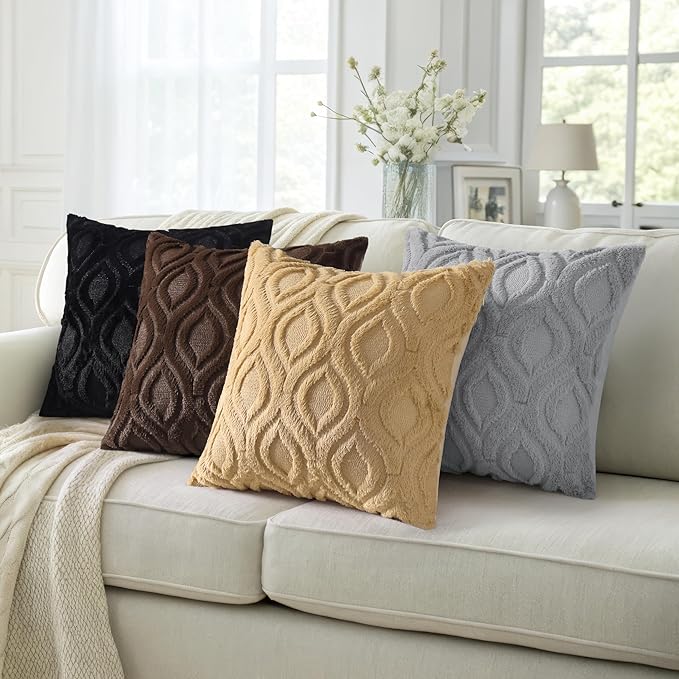decorUhome Throw Pillow Covers 20x20 Inch Set of 2, Soft Plush Faux Wool Black Solid Couch Pillow Covers, Accent Farmhouse Neutral Square Pillow Cases for Sofa Bed Living Room