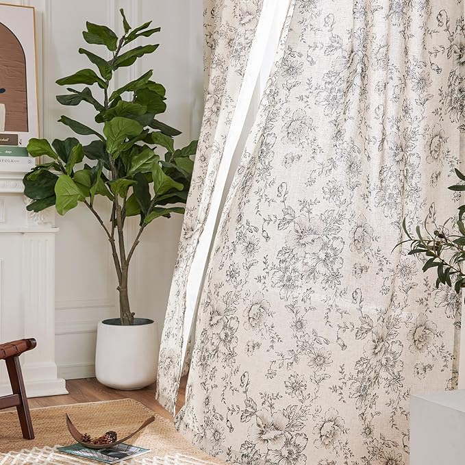 jinchan Floral Curtains for Living Room 84 Inch Length Farmhouse Printed Curtain Rod Pocket Back Tab Black Peony Flower Patterned Drapes Bedroom Window Curtains Set 2 Panels 25% Linen 75% Polyester